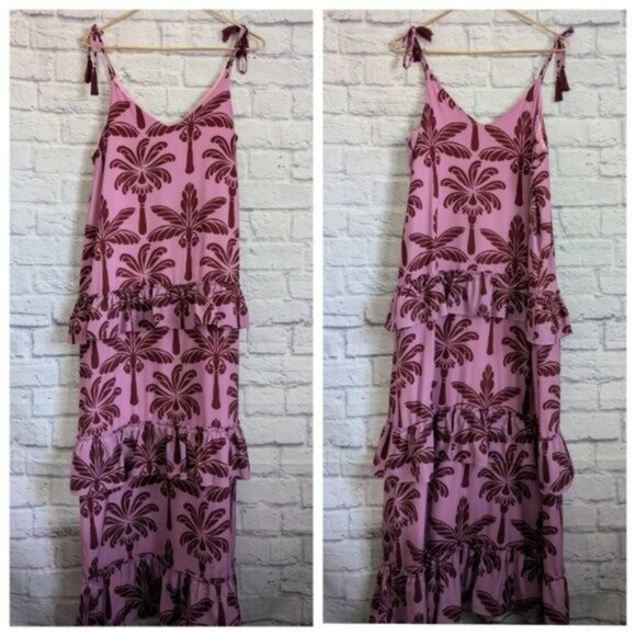 Eugenia Fernandez Arkitect Tiered Midi Dress M Pink Red Palm Print Ruffle Boho - Picture 2 of 9